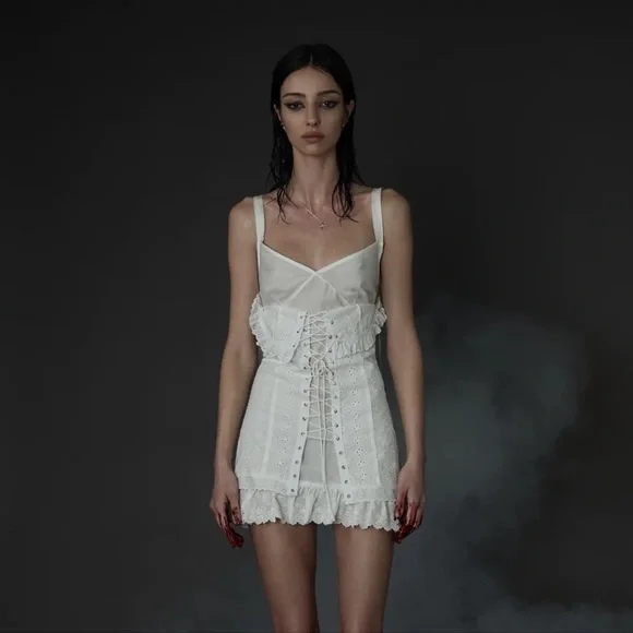 Lace-Up White Eyelet Mini Dress - Picture 4 of 15